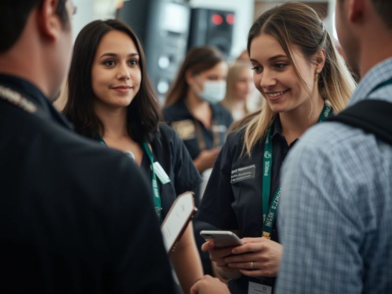 Equipe de credenciamento uniformizada com crachás verdes atendendo participantes em evento corporativo, ambiente movimentado e profissional, fotografia realista